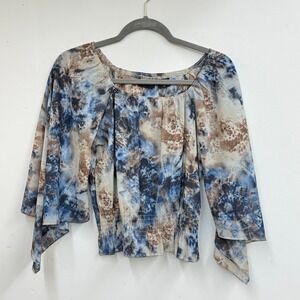 Retro Genuine Blue Brown Tie Dye Peasant Blouse Flared Sleeve Top S cropped boho